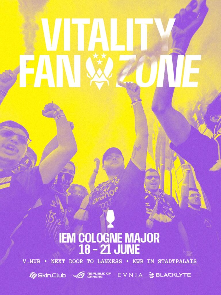 Team Vitality V-Hub Fan Zone at IEM Cologne Major 2025 – KWB Stadtpalais, featuring Skin.Club, ASUS ROG, Evnia and Blacklyte